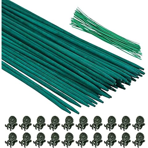 Hysagtek 50pcs Green Flower Sticks 40 cm Wood Plant Stake Plant Supports with 50pcs Garden Ties and 20 Plant Clips Cover