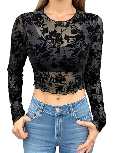 Image of ICW Women Long-Sleeves Round Neck Net Printed Transparent Mesh Sheer Crop Top T-Shirt DN38(Mix Print)