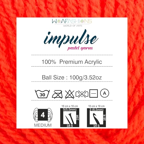 Image of WOAFashions Impulse Hand Knitting & Crochet Yarn, Premium Acrylic, 4 : Medium (Tiger Orange) (2x100gms / 3.5oz / 200mtr / 218yds)