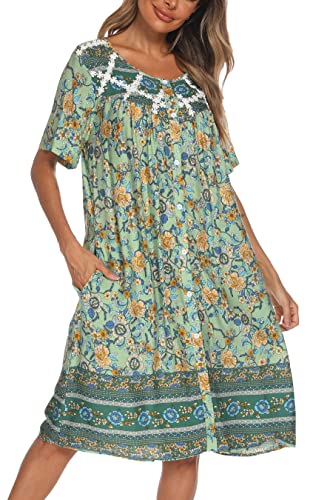 Aviier House Dress Women Short Sleeve Duster House Coat Robe Button Down Sleepwear (Green Flower, Medium)… #TOP28