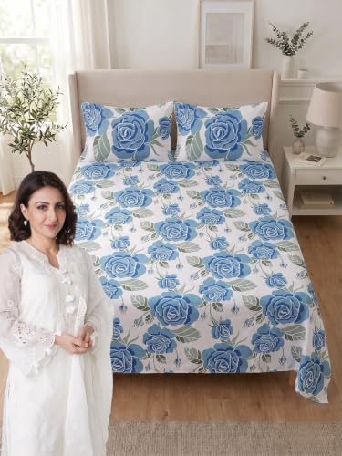 Image of Mafatlal 144 TC Double bedsheet Pure Cotton, Floral Design Double Bed Sheet, 90x100 Size Cotton bedsheet for Double Bed, Full Bed Cover with Pillow Covers|French Blue