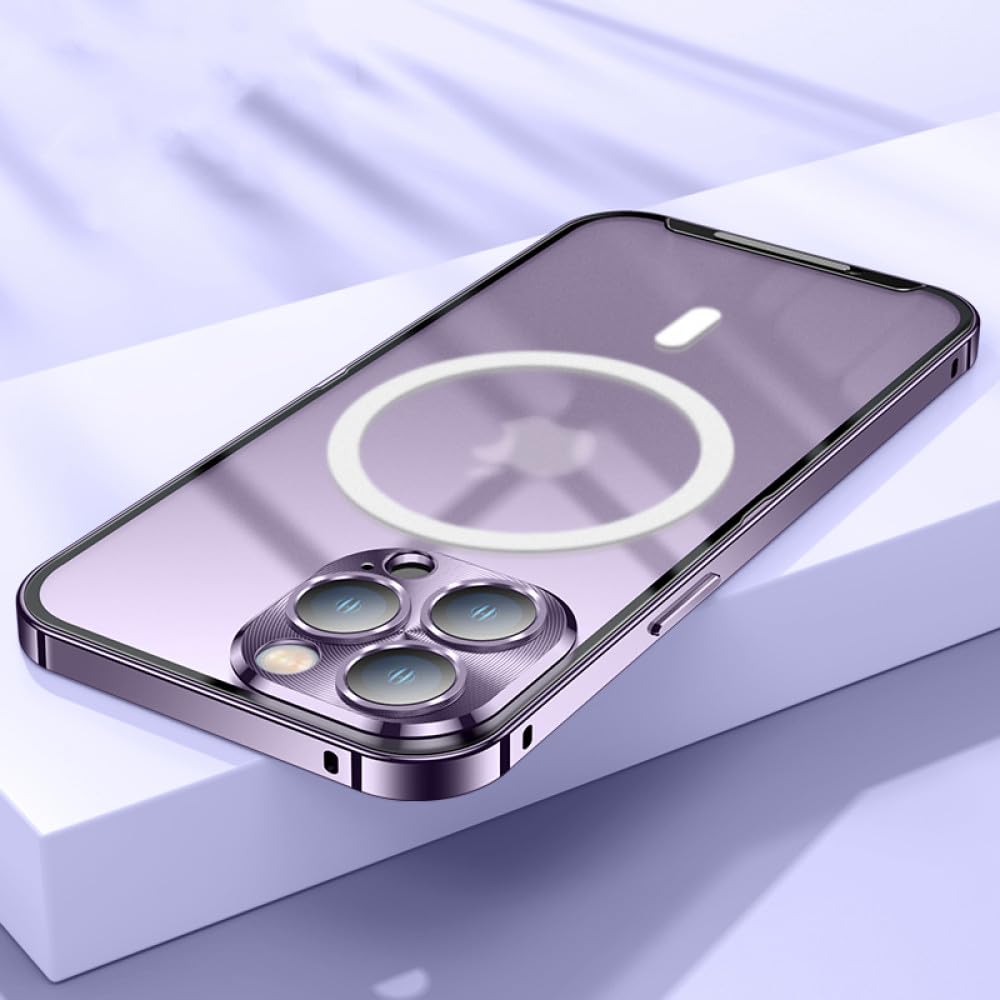 Estuche magnético para iPhone 14 Pro con cristal esmerilado y protector de cámara integrado morado 7