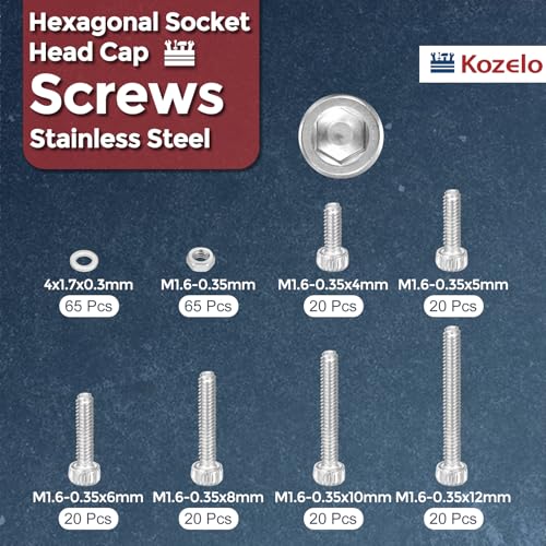 250pcs M1.6 Socket Head Cap Screws Bolts Nuts Assortment Kit - [M1.6x4/5/6/8/10/12mm] 304 Stainless Steel Allen Socket Drive for 3D Printer