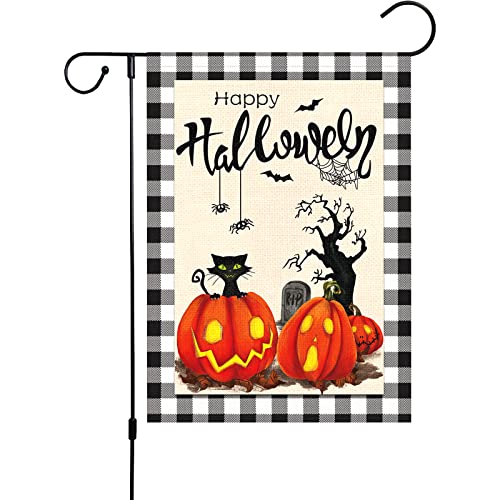 Heyfibro Happy Halloween Garden Flag Farmhouse Pumpkin Ghost Black Cat House Flags 12X18 Inch Double Sided Burlap Vertical Spider Yard Flags For Indoor Outdoor Yard Fall Halloween Decorations(Only Flag) #TOP9