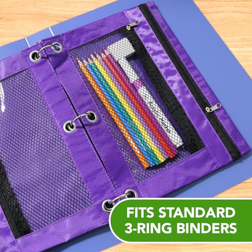 Image of Pencil Pouch for 3 Ring Binder, Heavy Duty Canvas Dual Zipper Pen Bag with Clear Window, Smooth Metal Zipper, Fit Standard 3-Ring Binders for School Office Travel Supplies (Purple)