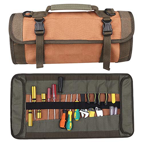 Canvas Tool Roll Up Pouch - Canvas Tool Holster with Adjustable Shoulder Strap 24-Pocket for Electrician, Construction Worker, Carpenter