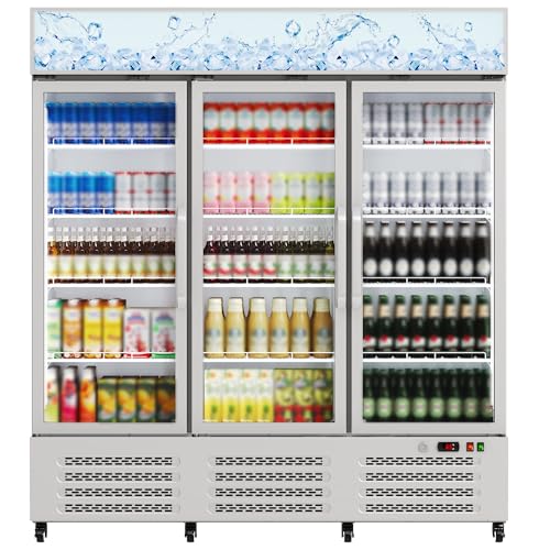 Image of 290 Gallon Three-Door Display Beverage Refrigerator with Lightbox, Metal Sheet Commercial Refrigerator with Adjustable Shelves, Locking Casters for Restaurants, Bars, and Retail Stores, White