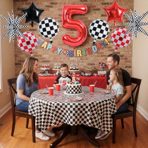 Image of TONIFUL Race Car Party Balloons Set - 40 Inch Red Number 5 Foil Balloon with Checkered Round, Explosion Star & Star Balloons for Boys 5th Birthday Car Themed Decorations, Photo Backdrop Supplies