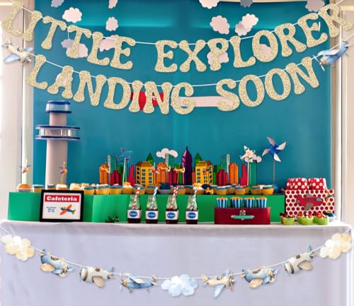 Image of Little Explorer Landing Soon Banner Airplane Garland for Blue Airplane Baby Shower Adventure Awaits Baby Shower Decorations