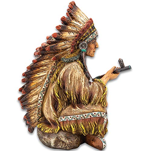 K Exclusive Native American Chief With Peace Pipe Sculpture - Crafted Of Polyresin, Hand-Painted, Exceptional Detail - Dimensions 7 3/4" X 3 3/4" X 5 1/4" #TOP2