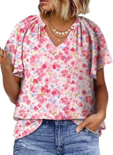 Eytino Women Plus Size Summer Tops Floral Printed V Neck Casual Loose Short Sleeve Blouses Shirts,2X Red