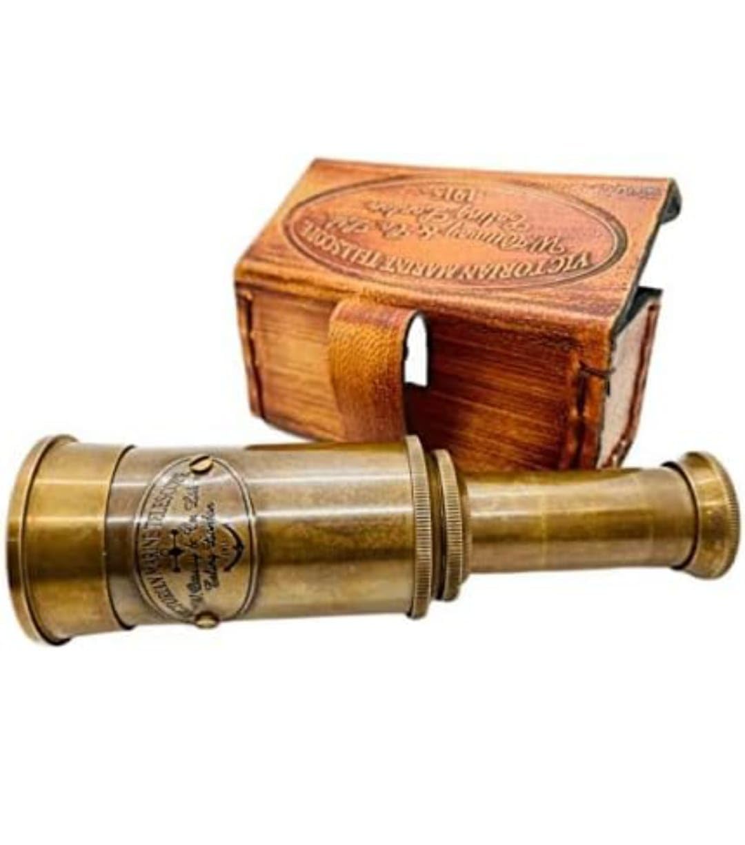 DAKSH CART Handmade Brass Spyglass Telescope with Antique Finish, Reproduction Monocular with Leather Box