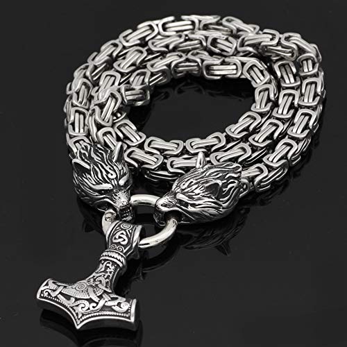 GuoShuang Wolf Head with Thor Mjolnir Pendant Necklace Stainless Steel - King Chain4