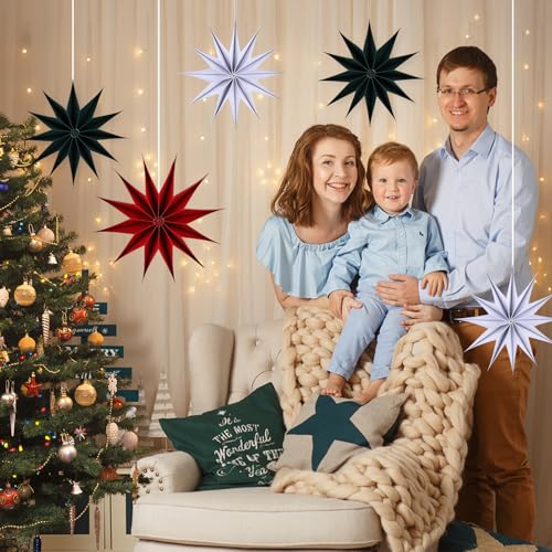 Image of 12 Inches 5 PCS Red Green White Paper Star Lanterns Hanging Stars Christmas Party Decorations Hanging Lampshade Christmas Wedding Birthday Christmas Home Party Decorations(12 Pointed)