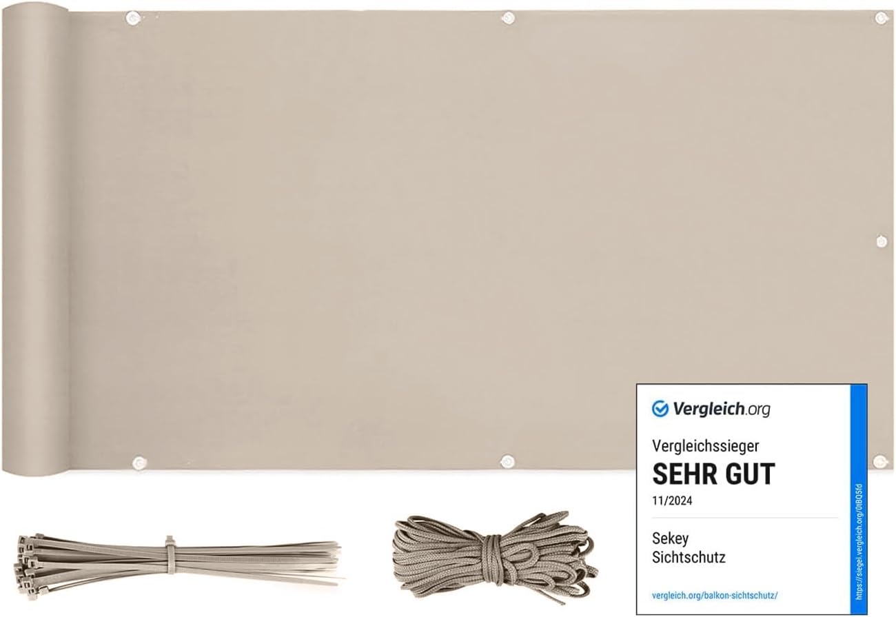 Sekey Balkon Sichtschutz Balkonabdeckung Balkonverkleidung blickdichte Wind- und UV-Schutz, 100% Privatsphäre, mit Ösen, Nylon Kabelbinder und Kordel, Taupe 0.9×4m