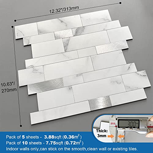 Mofit Backsplash Tile For Kitchen Peel And Stick Stone Matte Finish,Bathroom Tiles Stickers 3D Wall Panel Linear Mosaic Marble Backsplash Waterproof(10Sheets,White Silver) #TOP4