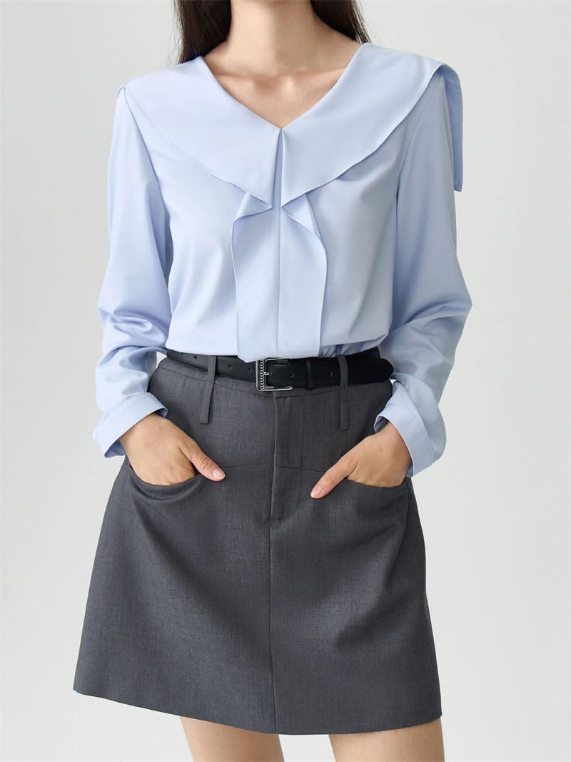 Camiseta informal de manga larga con cuello en V para mujer, ajuste regular, versátil