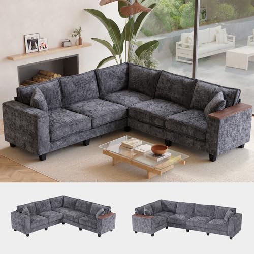 Image of 97 inch L Shaped Couch Corner Sofa, 5 Seater Oversized Cloud Couch with 2 Pillows Modular Sectional Sofa Armrests with Two Hidden Storage Space Sectional Couches for Living Room Gray Textured