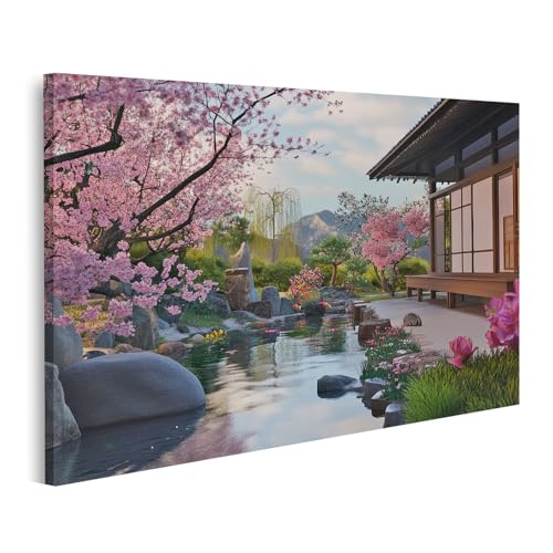 Islandburner Tableau sur toile - Jardin japonais de printemps avec cerisiers en fleurs et maison traditionnelle - Images murales - Affiche