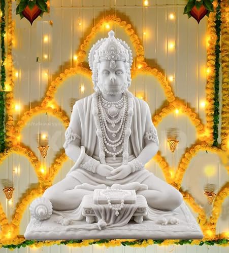 Image of Karigaari India White Marble Finish Hanuman Idol Sitting in Meditation Pose | Bajrangbali Murti for Home Temple Office Car Dashboard | Decorative Spiritual Figurine for Puja & Gifting