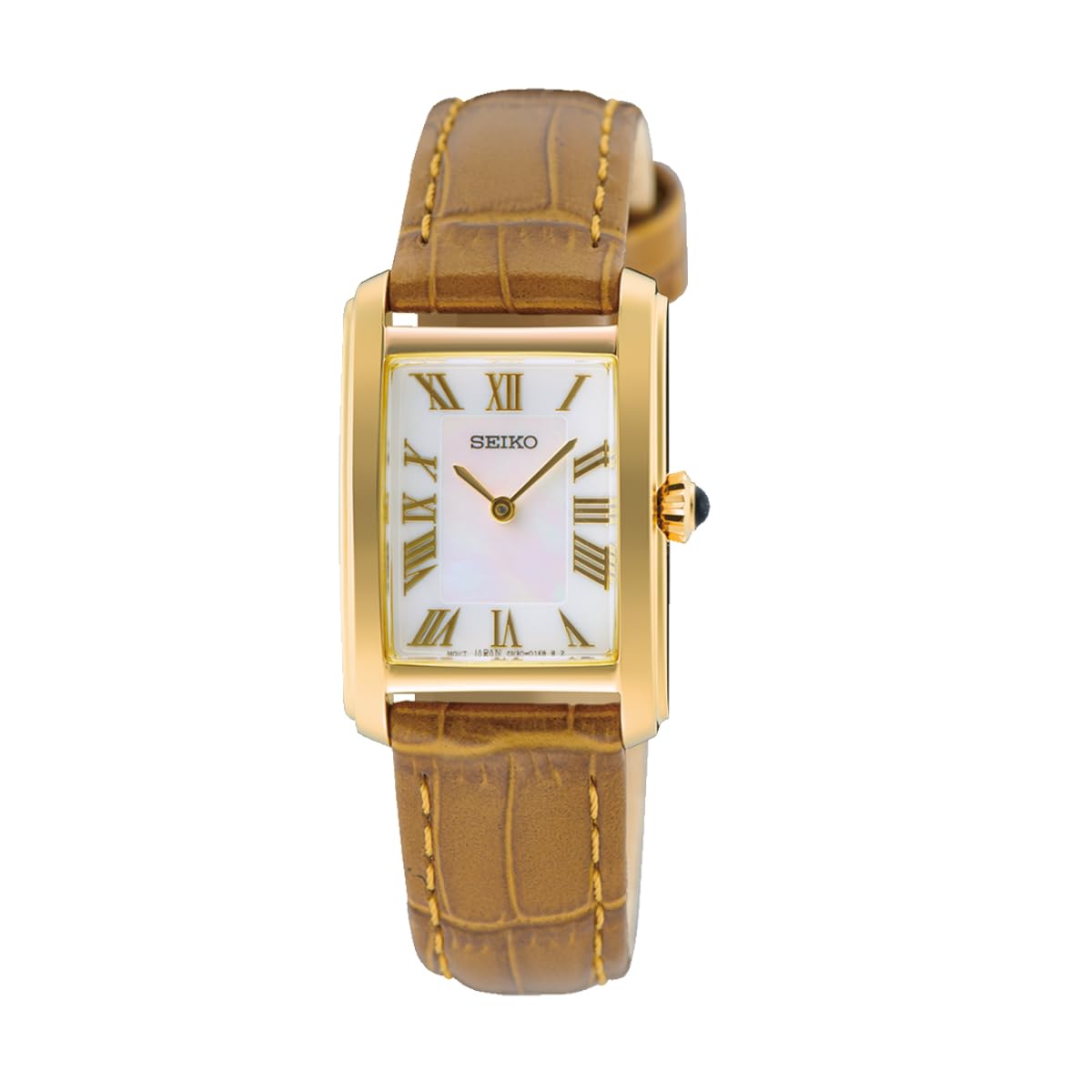 Seiko Klassik Armbanduhr für Damen in der Farbe Braun mit Armband aus Leder, Wasserdichtigkeit: 5 bar, Gehäusedurchmesser: 22 mm, SWR100P1