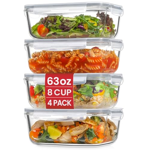 Snuvid 4 Pack 8 Cups/ 63oz Large Glass Storage Containers with Lids, Meal Prep Containers, Glass Food Storage with Airtight Lid for Baking, Leak Proof & Microwave, Oven Safe (4 Containers + 4 Lids)