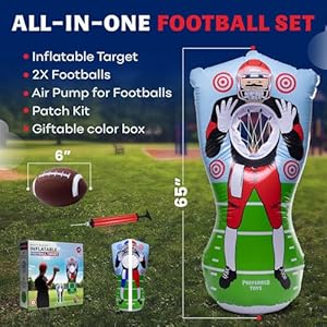 Inflatable Football Target - Double-Sided Toss Football Training Game with Mini Footballs - Fun Kids Throwing Football Games for Indoors, Outdoors, Birthdays, Camping, Beach - 65 Inch Inflatable Football Target Double Sided Toss Football Training Game with Mini Footballs Fun Kids Throwing Football Games for Indoors Outdoors Birthdays Camping Beach 65 Inch