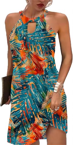 Image of Kubsid Halter Dresses for Women 2026 Casual Floral Print Summer Dresses Hollow Out A-line Sundresses for Beach Vacation