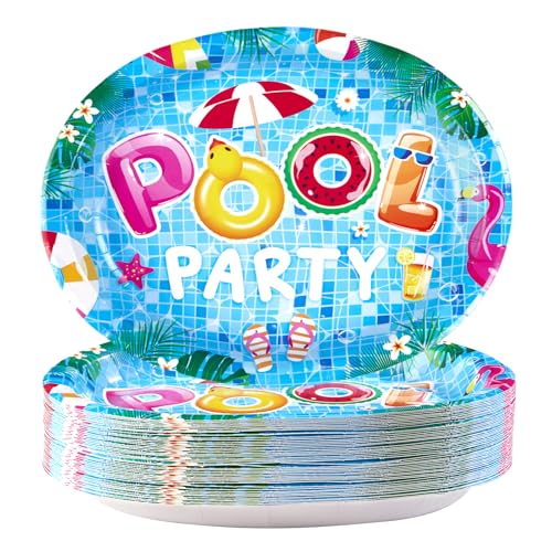 50Pcs Summer Pool Oval Paper Plates 10" x 12"Large Heavy Duty Beach Ball Disposable Party Plates Pool Dessert Dinner Platters for Kids Baby Shower Birthday Hawaii Schools Out for Summer Decorations