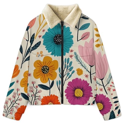 Veste polaire femme fleurs bohèmes sweatshirt zippé chaud manteau sherpa beige grandes tailles