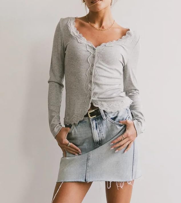 Womens Cardigans Lightweight Long Sleeve Button Down V Neck Slim Fit Lace Trim Top - Image 2