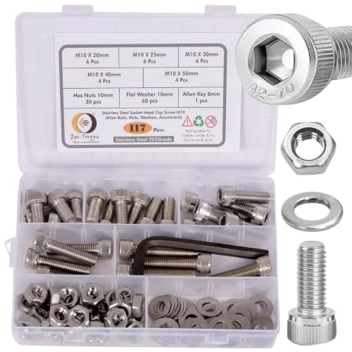 Image of Metric M10 Stainless Steel 202 Grade Allen Bolt Hex Socket Head Cap Screws Nuts & Washers Assortment Kit with Allen Keys & Storage Box - 117 Pieces