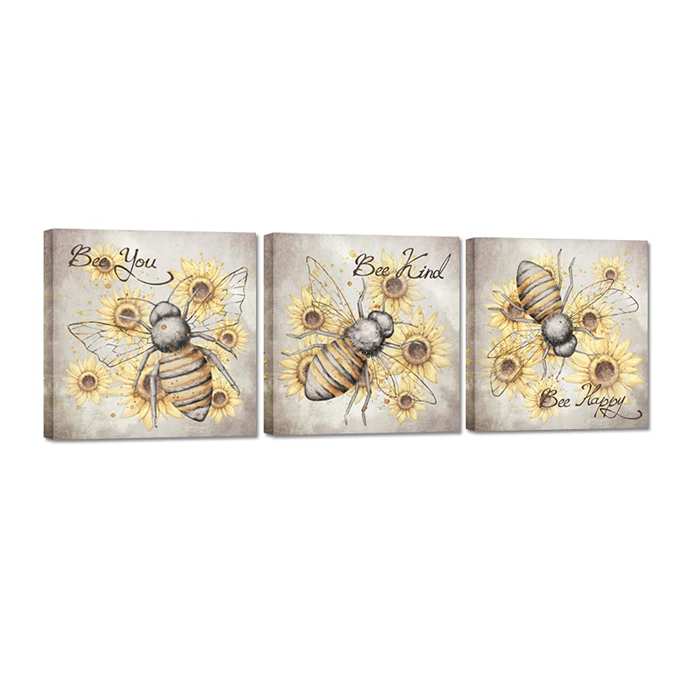iHAPPYWALL3 Pieces Honey Bee Canvas Wall Art Insect Bee Yellow Sunflower Bee Kind Happy Bee You Motivational Quotes Artwork for Kitchen Bedroom Modern Home Decor Framed Ready to Hang 12x12inchx3pcs
