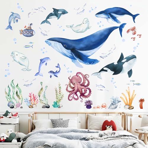 PinkEleph Under The Sea Fish Wall Decals - Whale Shark Squid Dolphin Ocean Animals Wall Stickers - Baby Nursery Kids Boy Girls Room Bedroom Bathroom...