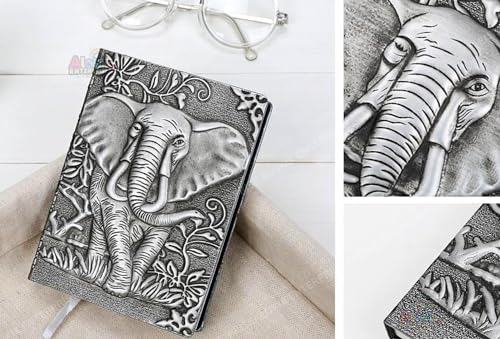 Image of Alokik 3D Silver Elephant DND Vintage Leather Journal Writing Notebook with 200 Pages A5 Journal Diary,Antique Handmade Leather Diary,Travel Diary&Notebooks to Write in,Diary Gift for Men Women