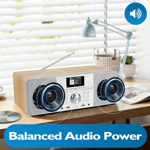 Image of MS1 CD Player, FM Radio, Bluetooth Streaming, Powerful Stereo HiFi System, Full Colour Display, 60 Presets, Remote, Acoustic Wooden Cabinet, AUX in, USB Playback and Charging, HP Jack, Maple