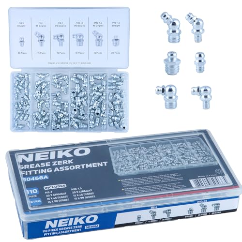 NEIKO 50466A Grease Fitting Assortment, 110 Piece, Metric, Straight &amp; Angled Zerk Grease Fittings Kit, Zinc Plated A3 Steel, for Angled Grease Guns, Mechanical Component Lubrication, M6-1 and M10-1.5