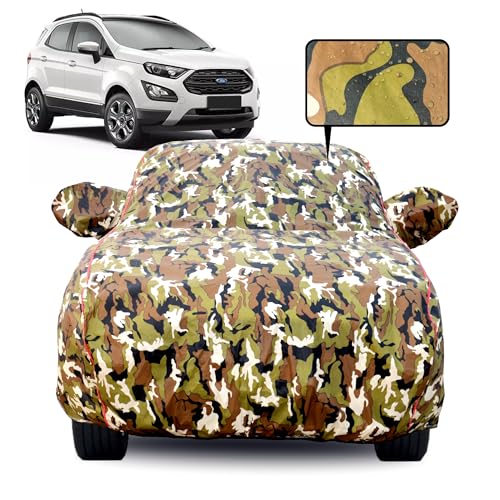 Image of Waterproof Car Body Cover for Ford Ecosport (2013-2017) with Mirror Pocket, Soft Cotton Lining, Triple Stitched, Full Bottom Elastic (Heat Resistant Jungle Print with Red Piping)