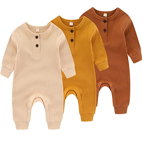 Image of IADOER Newborn Baby Boys Girls One Piece Romper With Mitten Cuffs 3 Pack Long Sleeve Ribbed Button Jumpsuit Outfit Clothes
