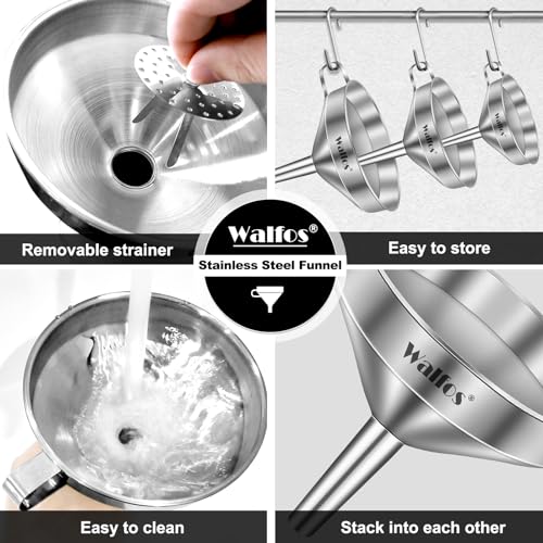 Image of Stainless Steel Funnel, Walfos 3 Pack Kitchen Funnel with 2 Removable Strainer ia€ 1Pcs Cleaning Brush, Perfect for Transferring of Liquid, Oils, Jam, Dry Ingredients & Powder
