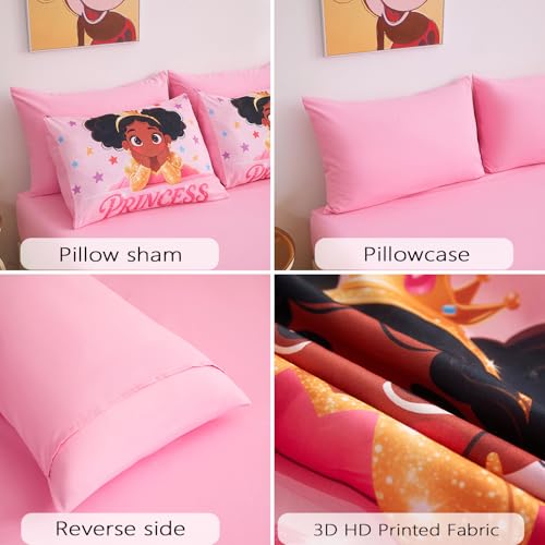Image of Black Girl Princess Comforter Set for Girls,Pink Gradient Glitter 5pcs Kids Bedding Set Twin,Ultra Soft and Fluffy Bed in a Bag with Comforter Sheets Pillowcase & Sham