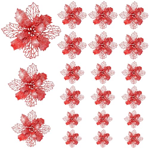 KASURE 21 Piezas Flores Artificiales Navidad,Flores de Navidad para Adornar el Árbol Flores Arbol Navidad Adornos para Árbol de Navidad Adecuado para Decoración de Restaurantes Fiestas de Bodas Rojo
