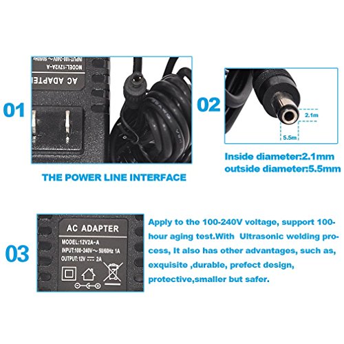 TMEZON 12 Volt 2A Power Adapter Supply AC to DC 2.1mm X 5.5mm Plug 12v 2 Amp Power Supply Wall Plug Extra Long 8 Foot Cord