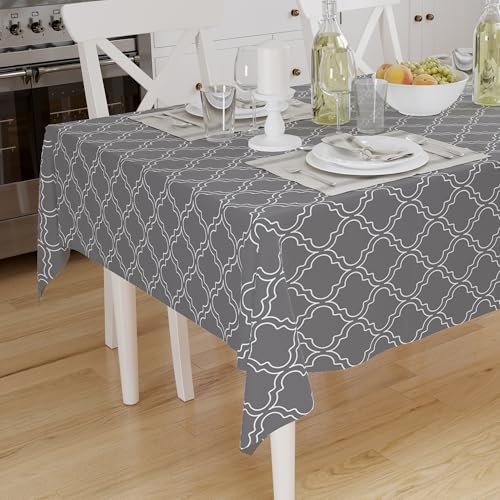 Image of Encasa Homes Cotton Printed Tablecloth of Length 56 inchx72 inch for 4 to 6 Seater Rectangular Dining Table. Machine Washable, Durable - Grey Tiles