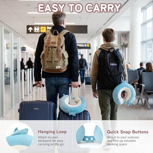 Image of Memory Foam Kids Travel Neck Pillow for Ages 9+, Removable Cover, Shark | Machine washable, 17 in neck size for teens and adults, 360-degree head and chin support, car and airplane use