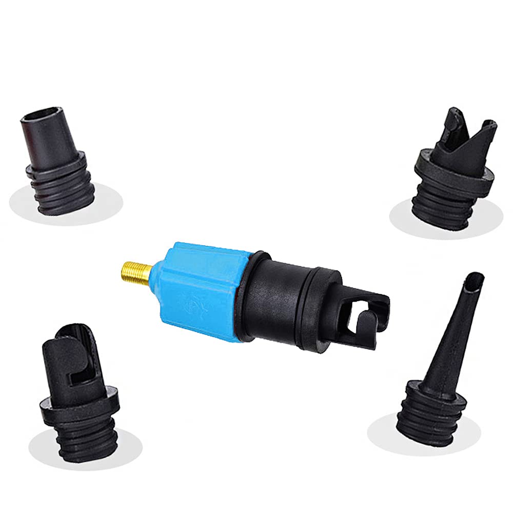 Sprężarka do nadmuchiwanych zaworów pompy, adapter do wentylu z 4 dyszami, koło do pływania, basenu, łóżek nadmuchiwanego łóżka, sofy, łodzi, kajaka, niebieski