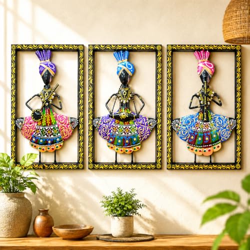 Image of iHandikart Tribal Musician Metal Wall Art Set of 3 | Rajasthani Folk Musician Wall Sculpture | Decorative Iron Wall Hanging for Living Room, Bedroom, Hallway & Office | 11.5 x 8 Inch Each