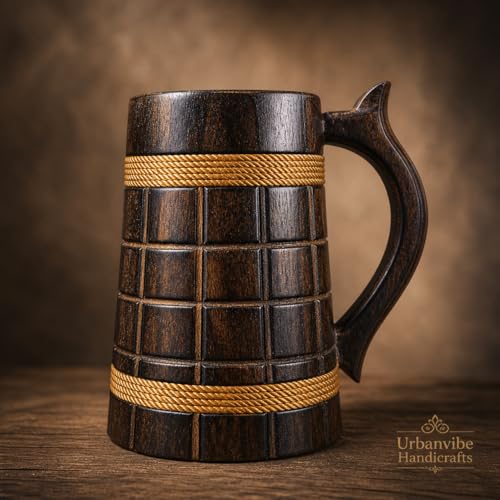 Image of Handmade Wooden Beer Mug, Wood with Sheesham Finish, Barrel Style, Lightweight & Durable, for Craft Beer, Home Bar, Cafe, Party, Gift(350ml) (Barfi)