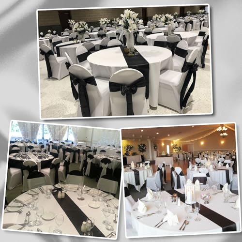 Image of 12Pack 12x108 Inch Satin Table Runner and 84 Inch Round Plastic Tablecloths White and Black Disposable Round Table Cover for Graduation Wedding Bridal Shower Anniversary Birthday Party Decorations