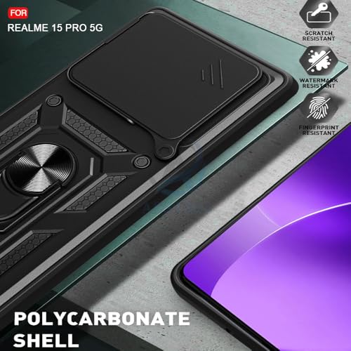 Image of AESTMO Tough Armor Realme 15 Pro 5G Bumper Back Case Cover | Ring Holder & Sliding Camera Shield Cover | 360 Degree Protection Back Case Cover for Realme 15 Pro 5G (Black)